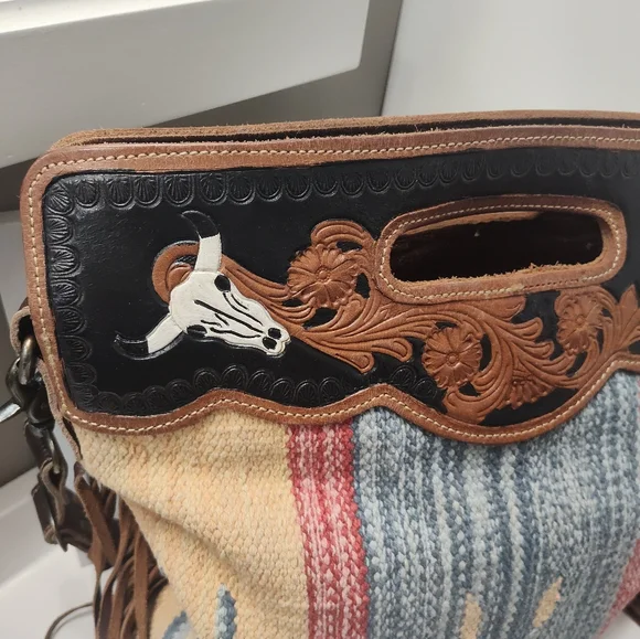 GUC Myra Bag Blue Stream Hand Tooled Fringe Crossbody Hand Carry Bag, Gorgeous - Picture 7 of 16